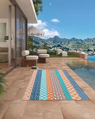 Outdoor Rug 4'x6' for Patio Clearance Large Outside Rug Chenille Patio Rugs Indoor Outdoor Carpet Art Boho Style Geometric Texture Turquoise Blue Area Rugs for Camping Porch Deck Balcony - color: Bohemiaidt8707, size: 4' x 6' (Rectangular)