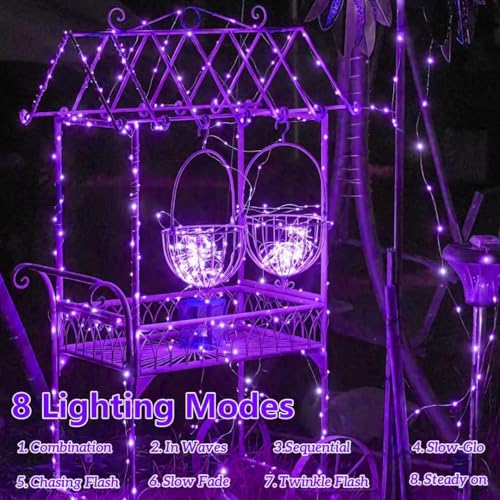 YEGUO 4 Pack Purple Solar Fairy Lights, Each 33ft 100 LED Christmas Lights Outdoor Waterproof, 8 Modes Sliver Wire Solar String Lights - color: Purple