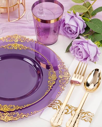Nervure 350PCS Purple Plastic Plates - Purple Plastic Dinnerware Sets for 50 Guests - 100 Disposable Plates, 150 Gold Silverware, 50 Cups, 50 Napkins for Wedding & Party - color: Purple