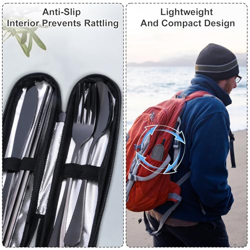 Reusable Travel Utensils Set with Case, Premium Stainless Steel Flatware, Portable Silverware for Lunch, Camping, Picnic, Travel Fork and Spoon Set, To Go Utensils, Dishwasher Safe - color: Black