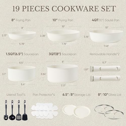 CAROTE 19pcs Pots and Pans Set, Nonstick Cookware Set Detachable Handle, Induction Kitchen Cookware Sets Non Stick with Removable Handle, RV Cookware Set, Oven Safe - color: Cream White with glass lid