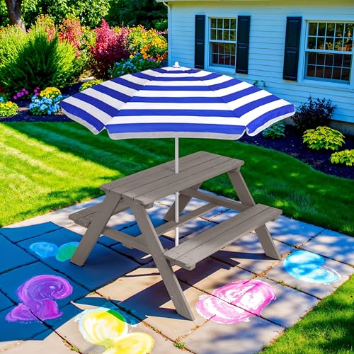 Best Choice Products Wooden Kids Picnic Table with Umbrella, Outdoor Activity Table Set with Built-in Benches, 220 lb Capacity per Bench - Gray/Navy - color: Gray/Navy