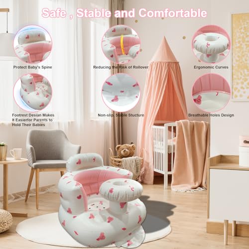Inflatable Baby Seat for Babies 3-36 Months, Baby Chair with Fence & Built in Air Pump, Blow Up Floor Baby Seat with Back Support, Inflatable Baby Chair Sit Me Up for Home Pink Rabbit-Tray - color: Pink Rabbit-Tray