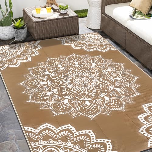 Yamaziot Waterproof Outdoor Rug 6x9 ft, Reversible Plastic Straw Rug for Patio Clearance, Camping, RV Mat, Large Outside Rug Carpet for Porch, Deck, Backyard, Balcony, Picnic (Brown) - color: Brown, size: 6' x9'