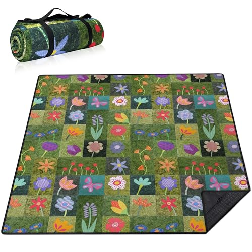 Supfitness Extra Large Picnic Blankets Waterproof Foldable (80 "x 80") Beach Blanket Waterproof Sandproof,3-Layer Thicking Mat Outdoor Packable Camping Blanket - color: Flower-1, size: 6'8" x 6'8" (Square)