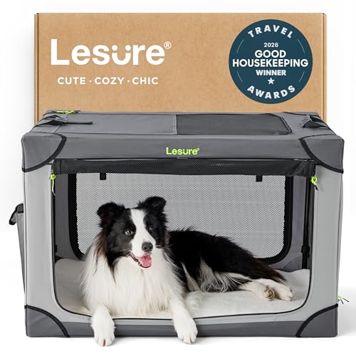 Lesure Shown on TODAY Show Soft Collapsible Dog Crate - 36 Inch Portable Travel Crate for Large Dogs Indoor & Outdoor, 4-Door Foldable Pet Kennel with Mesh Windows, Grey - color: Grey, size: L - 36"