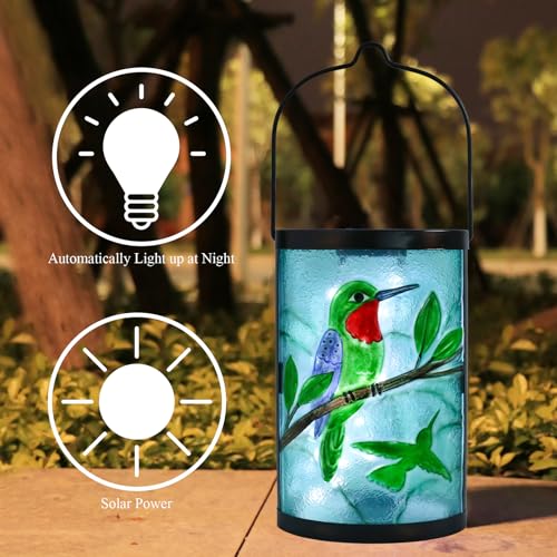 Hanging Solar Lantern Outdoor Waterproof Hummingbird Solar Lights Glass Tabletop Decorative Lamp for Outdoor Patio Garden Outside Yard Decor - style: Green_Hummingbirds