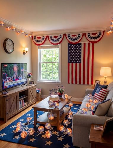 8.5Ft American Flag Lanterns String Lights Outdoor, 4th of July Decorations with 10 Nylon Mini Lanterns, Connectable Plug-in Red White Blue Lights for Independence Day Memorial Patriotic Party - color: Blue Lantern