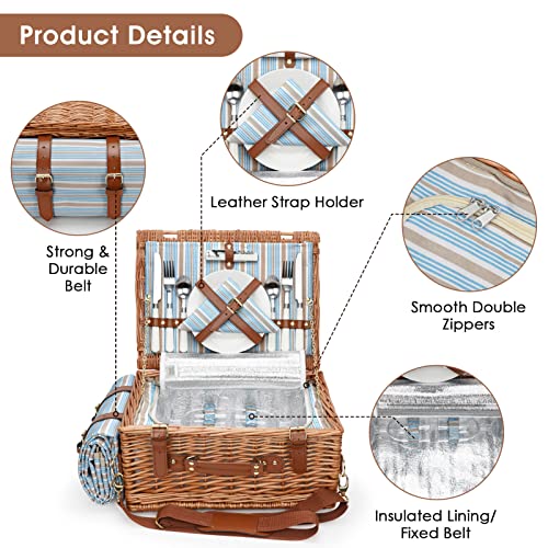 Picnic Cooler Basket Set for 2 Persons with Large Waterproof Picnic Blanket, Cutlery Service Kit and Adjustable Strap - color: Honey Color for 2 Persons With Strap