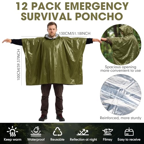 Tellegloww Emergency Ponchos with Polyester Film Blanket Liner Waterproof Windproof Thermal Survival Blanket Rain Ponchos - color: Green