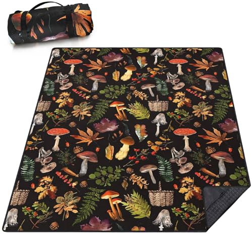 Picnic Blankets Waterproof Large, 80"x 60" Outdoor Beach Blanket Sandproof Foldable Lightweight Portable 3-Layer Camping Mat for Parks,Hiking,Travel,Music Festival,Concerts(Mushroom) - color: Black Mushroom, size: 5' x 6'8" (Rectangular)