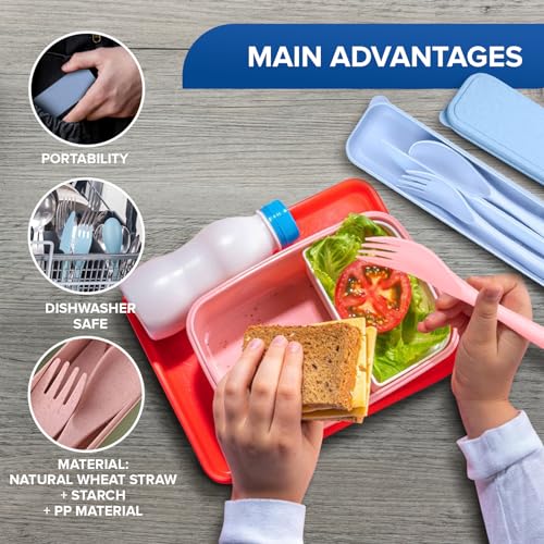 4 Sets Wheat Straw Travel Silverware with Case - Reusable Utensils Set with Case Forks and Spoons Silverware Set Lunch Box Accessories - Fork and Spoon Set Plastic Dinnerware Camping Tableware Set