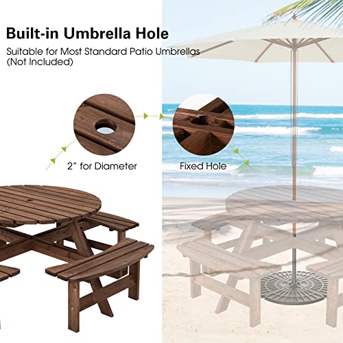 Giantex Wooden Picnic Table Set with Wood Bench, 4 Adults or 8 Kids Outdoor Round Table with Umbrella Hold Design, Perfect for Outdoor Garden Yard Pub Beer Dining, Dark Brown - size: 70.5"L×70.5" W×27.5" H