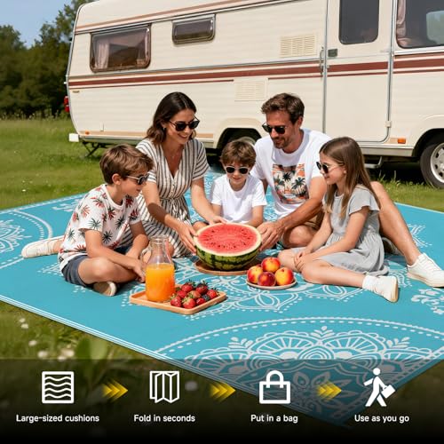 Pauwer Waterproof Outdoor Rug 6x9, Reversible Plastic Straw Patio Camping Rug, Indoor Outdoor RV Mat Carpet for Deck, Camper, Porch, Balcony, Backyard, Picnic, Floral Teal - color: Floral Teal, size: 6' x 9' (Rectangular)
