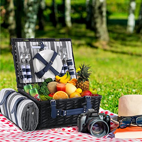 Wicker Picnic Basket for 4 with Waterproof Picnic Blanket and Insulated Cooler, Willow Hamper for Camping, Outdoors, Photoshoot, or a Birthday, Mother's Day, Wedding Gift, Black - color: Grey＆white Stripe