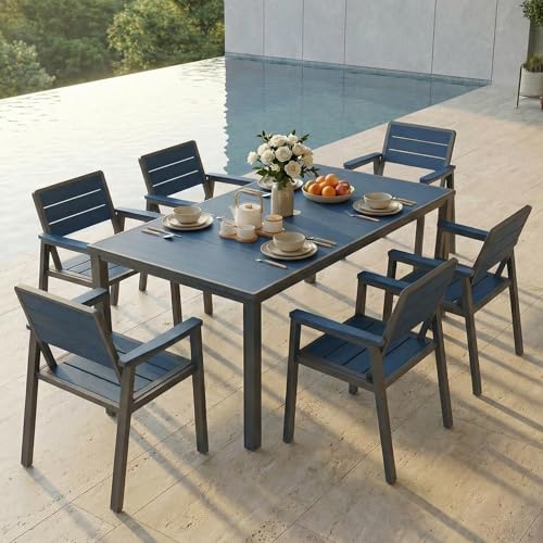 7 Piece Patio Dining Set for 6, Outdoor HDPE Table and Chairs with Umbrella Hole, All Weather Outdoor Furniture for Backyard, Deck, Lawn, Poolside, Blue - color: Blue