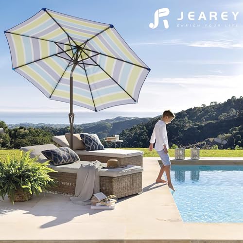 JEAREY 9FT Outdoor Patio Umbrella Outdoor Table Umbrella with Push Button Tilt and Crank, Market Umbrella 8 Sturdy Ribs UV Protection Waterproof for Garden, Deck, Backyard, Pool (Blue-Green Stripe) - color: Bold Blue & Green Stripe