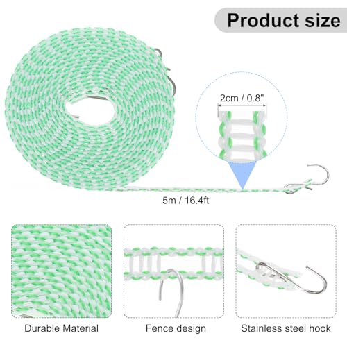 uxcell Windproof Clothesline, 5M 16.4ft Plastic Non-Slip Clothes Drying Rope Portable Travel Clothesline for Courtyard Outdoor Laundry Camping, Green - color: Green, size: 16.4ft