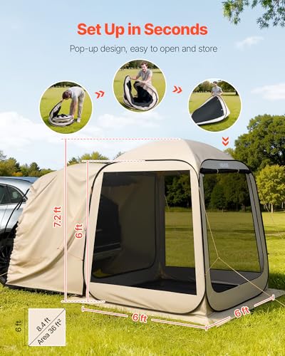VEVOR SUV Tailgate Tent, 6 x 6 ft Pop-Up Screen House Canopy for 4–6 Person, Portable Screened Shelter with Carry Bag, for Car Camping, Backyard, Patio, Outdoor Activities - color: Beige 3, size: 6×6×7.2 Ft