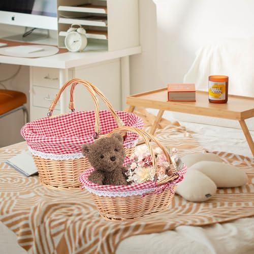 2 Pack 14.2 & 12.6 Inch Natural Wicker Basket with Linen Cotton Cloth Lining, Oval Wicker Woven Basket with Handle, Willow Woven Picnic Baskets for Picnic, Camping, Party - size: 2 Pack 14.2in&12.6in Natural(Round willow)