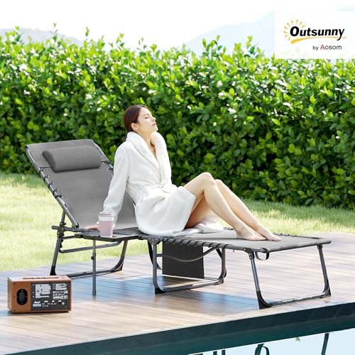 Outsunny Folding Chaise Lounge Chair Outdoor Tanning Chair with Side Table, 5-Level Adjustable Beach Lounge Chair with Headrest, Side Pocket for Patio, Backyard, Beach, Poolside, Gray - color: Grey