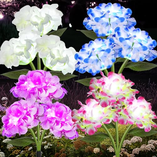 Lewondr 4 Pack Solar Garden Lights, Solar Flowers Lights with 4 Blooming Hydrangea Flowers, Waterproof Solar Lights Outdoor for Yard Porch Patio Backyard Pathway Gardening, 2 Lighting Modes, Colorful - size: 4 Pack, style: Hydrangea