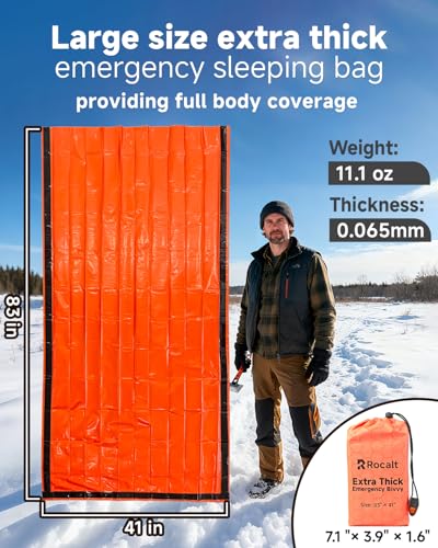Rocalt Emergency Sleeping Bag | Ultralight Mylar Emergency Blanket, Extra Thick Space Blanket, Waterproof & Portable Thermal Bivy Sack for Camping, Hiking, and Outdoor Adventures
