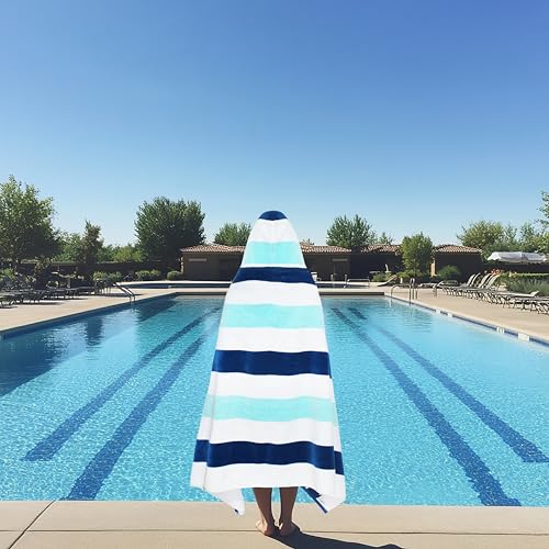 COTTON CRAFT Hooded Beach Towel - Oversized XXL 35x84 Towel with Hood for Adults - The Big Kahuna 7 Foot Beach Blanket Towel - Big & Tall Soft 100% Cotton Velour - Pool Bath Wrap - Cabana Stripe Blue - color: Ocean Blue, size: 1 Pack - 35x84 Hooded