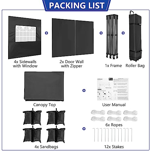 COBIZI 10x20 Heavy Duty Pop Up Canopy Tent with 6 Sidewalls Thicken Frame, Commercial Easy Up Outdoor Wedding Party Tents, All Season Waterproof Windproof with Stakes Sandbags Ropes Roller Bag, Black - color: Black, size: 10x20