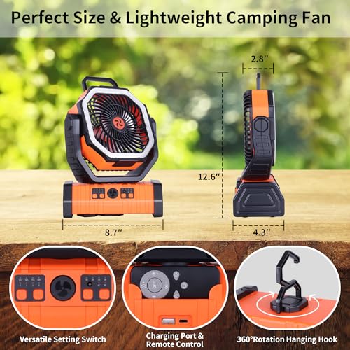 20000mAh Emergency Battery Powered Fan & LED Light, Battery Operated Rechargeable Fan for Power Outage, Car Defrosting, Indoor Use with 360° Oscillating & Hook, 8H Timer, Portable Camping Fan - color: Orange
