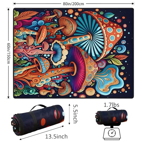 Mushroom Picnic Blankets Waterproof Foldable Picnic Outdoor Blanket 80"x 60" Picnic Mat 3-Layer Thicking Outdoor Foldable Blankets Sandproof Lightweight Beach Blankets with Strap Machine Washable - color: Mushroom02, size: 60*80in
