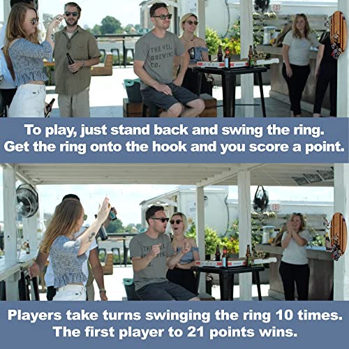 Hook and Ring Game Pro (Beach Stripes) with Bottle Opener and Magnetic Bottle Cap Catch - Easy Wall Mount Ring Toss Game