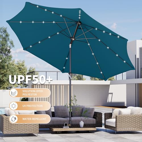 Kingdura 9FT Outdoor Patio Umbrella with Solar Lights, Market Table Umbrella with Push Button Tilt & Crank, 8 Sturdy Ribs, 32 LED Lights, UV Protection for Garden Lawn Deck Backyard Pool (Lake blue) - color: Lake blue-LED, size: 9 Ft