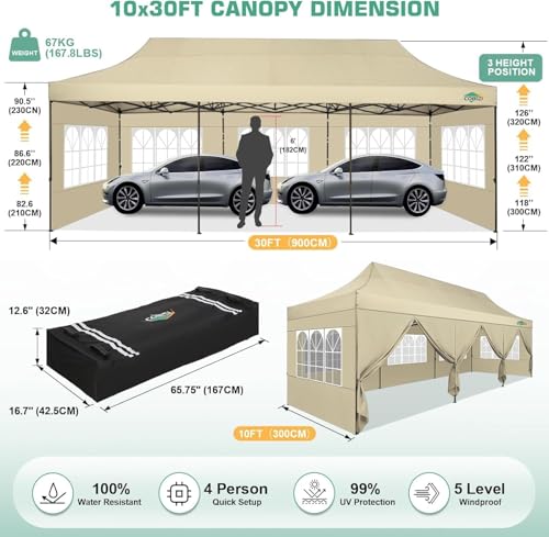 COBIZI 10x30 Pop Up Canopy Heavy Duty with 8 Removable Sidewalls, Commercial Portable Tents for Parties Ez Up Canopy All-Weather Windproof & Waterproof UPF 80+ Wedding Tent - color: Light Khaki, size: 10x30FT