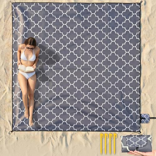 Beach Blanket Waterproof Sandproof, 79 x 79in Large Beach Mat for 1-3 Adults, Quick Drying Lightweight Durable Outdoor Picnic Mat with Stakes for Travel Camping Hiking (Grey)