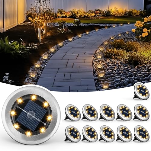 PATIOWIN Mini Solar Ground Lights, 12 Pack Solar Garden Lights, Solar Powered Pathway Lights Warterproof, Outdoor Lights for Driveway, Walkway, Backyard, Patio (Warm White) - color: Warm White, size: 12 PACK