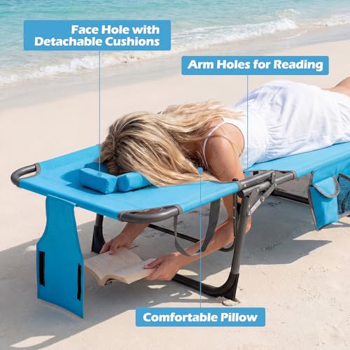 COSTWAY Tanning Chair with Face Hole, Folding Beach Lounge Chair with 4-Position Adjustable Backrest, Pillow & Side Pocket, Foldable Chaise Lounge Chair Outdoor for Sunbathing, Camping (1, Blue) - color: Blue