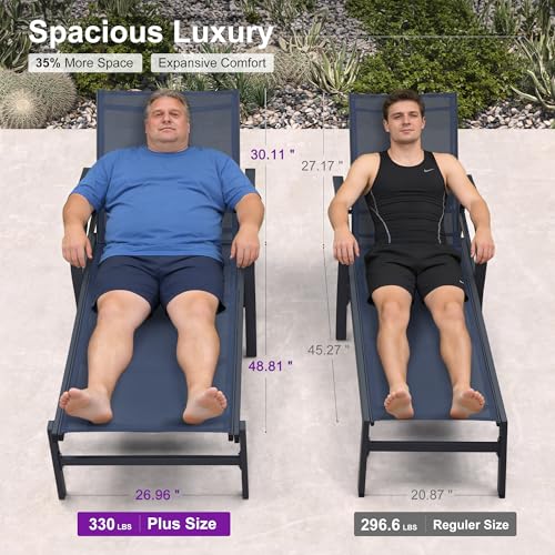 PURPLE LEAF Oversized Chaise Lounge Chair Outdoor Set of 2 Extra Wide Pool Lounge Chairs 5 Adjustable Position with Armrests and Side Table Aluminum Patio Lounge Chair for Outside Beach, Deep Blue - color: Deep Blue, size: Oversized