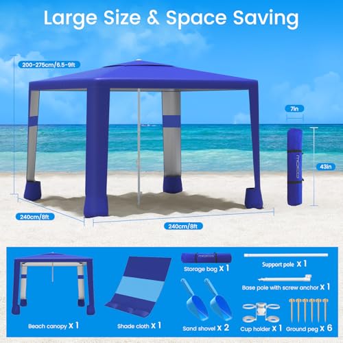 MoKo Beach Cabana, 8'×8' Large Beach Canopy with Side Wall, UPF 50+ Protection Easy Setup Beach Tent Sun Shelter, Adjustable Height Wind Resistant Cabana Beach Tent for Whole Family, Navy Blue - color: Navy Blue