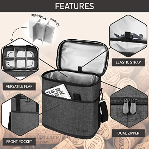 opux 6 Bottle Carrier Tote | Insulated Padded Wine Cooler Bag for Travel. Picnic, BYOB | Portable Leakproof Wine Tote Bag for Dinner, Party, Christmas, Wine Gift for Women, Men (Charcoal Gray) - color: Charcoal Gray, size: 6 Bottle