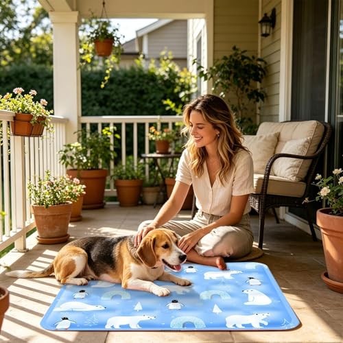 Dog Cooling Pad - Gel Cooling Pet Pad | Pressure Activated Chill Crate Mat | 60x50cm Polar Blue + Ice Bear Design | Waterproof Polyester & Polymer Gel | for Travel Car Seat & Sofa - color: B
