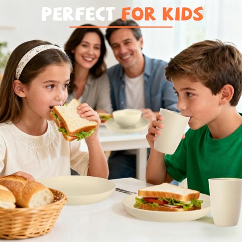 Kitchen Wheat Straw Dinnerware Sets for 4, Unbreakable Kids Dish Set 20 PCS - Dinner Plate/Cereal Bowl/Cup/Fork/Spoon, for Outdoor Camping, RV, Apartment Essentials - Beige - color: Beige, size: 20 PCS