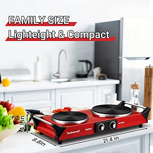 Hot Plate, Techwood 1800W Portable Electric Stove for Cooking Countertop Dual Burner with Adjustable Temperature & Stay Cool Handles, 7.5” Cooktop for Home/RV/Camp, Compatible for All Cookware, Red - color: Red, size: Double Burner