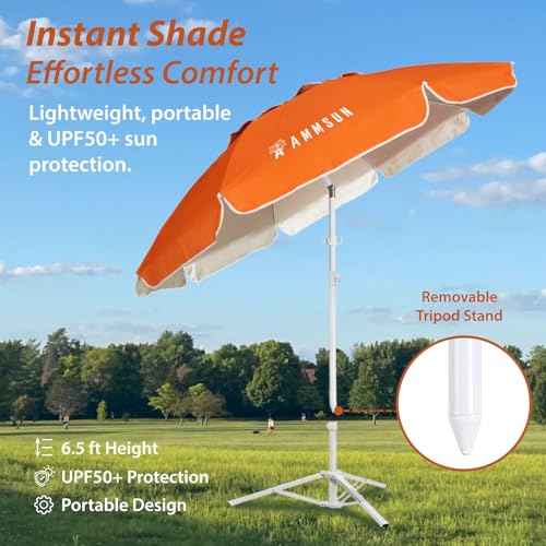 AMMSUN Shade Umbrella, Premium Portable Umbrella with Stand, 6.5ft Lightweight Free Standing Canopy for Sporting Games, Adjustable Instant Sun Protection and Easy to Carry, Orange - color: Orange