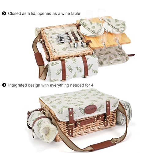 Multifunctional Wicker Picnic Basket Set for 4 with Blanket and Picnic Table, Insulated Picnic Set with Full Tablewares for Camping Outdoor Couples,Leaf - color: Leaf With Blanket &Table for 4