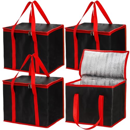 Cididu 4 Pack Reusable Grocery Shopping Bags, X-Large Food Tote Bag with Handle, Collapsible Pizza Delivery Bags with Zippered Top and Baseboard for Kitchen, Camping, Clothes, Picnic, Travel