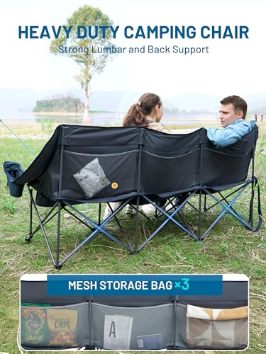 Timber Ridge 3 Person Camping Chair with Cup Holders and Pockets, Outdoor Folding Loveseat Camping Chairs, 1050lbs Capacity Heavy Duty Camp Couch for Outside Picnic, Beach, Lawn, Sports, Blue - color: 3 Person Blue