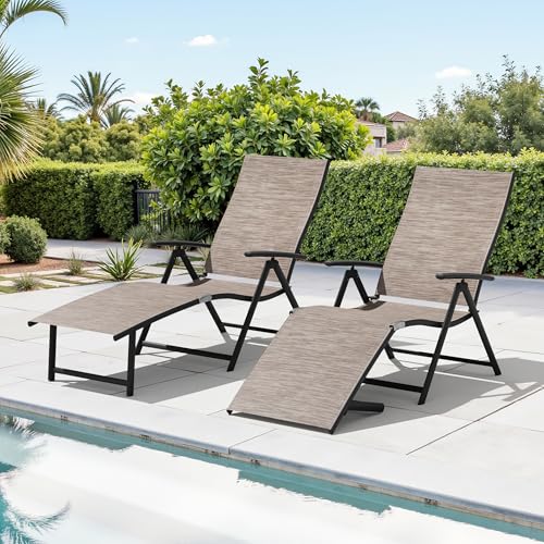 Crestlive Products Chaise Lounge Chair Outdoor Set of 2, Aluminum Folding Patio Recliner Chair, Adjustable 8 Positions Assemble-Free Perfect for Beach, Yard, Pool, Deck (Espresso) - color: Espresso, size: 2 Pcs