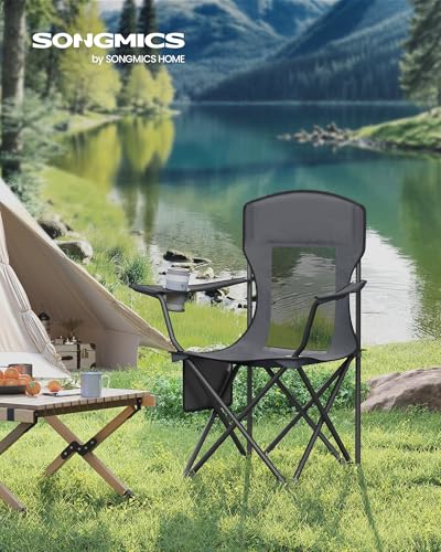 SONGMICS Breathable Camping Chairs, Foldable Outdoor Chairs Set of 2, High Back, Adjustable Armrests, Drink Holder, Weight Capacity 330 lb, for Sports Garden Backyard, Slate Gray UGCB028G01 - color: Grey, style: 2PC (20.3"D x 34"W x 38.2"H)