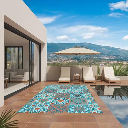 Retro Middle Century Outdoor Rug 5' x 7', Rustic Bohemia Style Aztec Blue Washable Area Rug for Outdoor Indoor, Non Slip Outside Large Rugs Carpet for RV Patio Backyard Picnic Camping Porch Deck - color: Green, size: 5' x 7' (Rectangular)